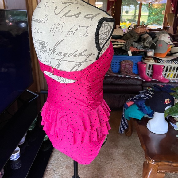 Jantzen One Piece Swimsuit Bathing Suit Strapless Ruffle Hot Pink Polka Dot 14. - Picture 10 of 16